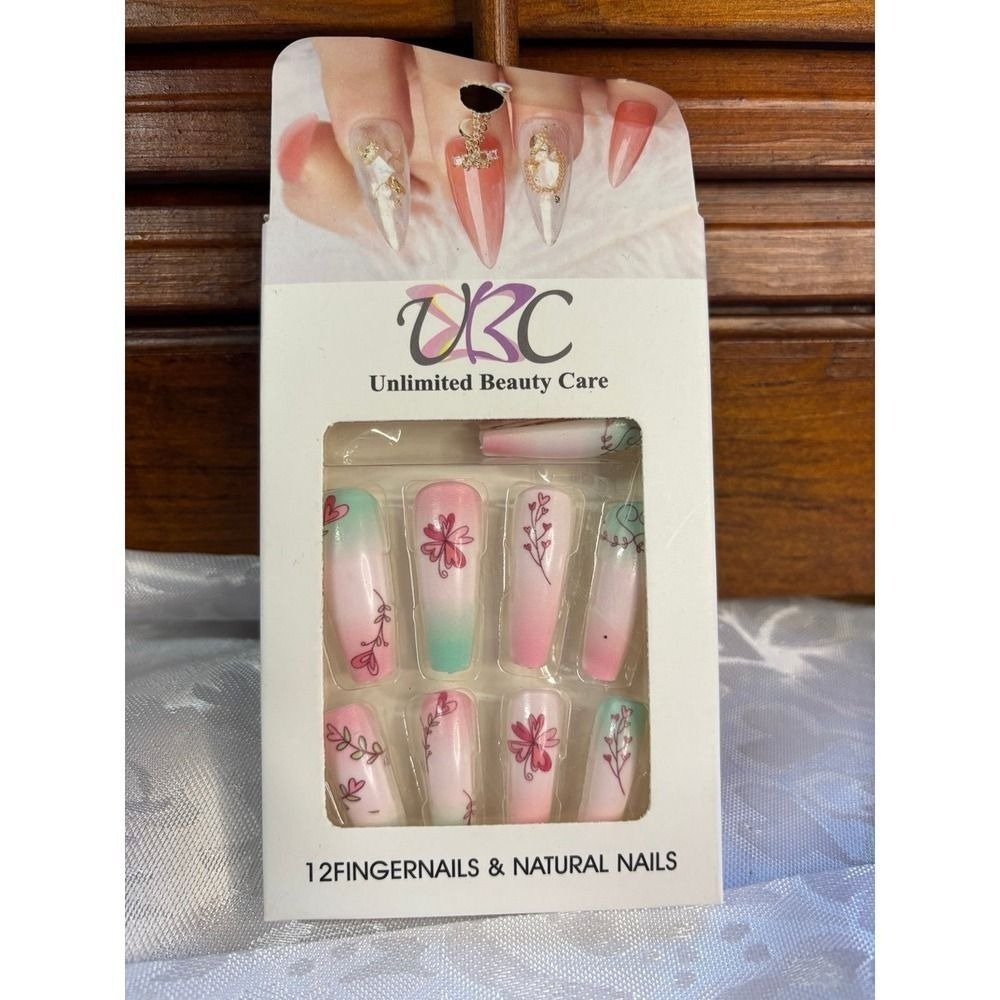 Unlimited Beauty Care 12pc Press On Nails Pink Mint Ombre Floral Coffin Long NEW